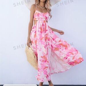 Pink floral cut out dress back tie small